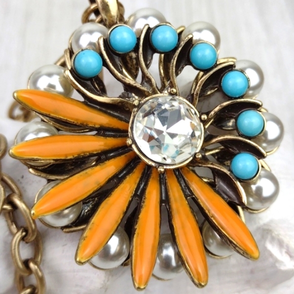 Cookie Lee Faux Pearl Turquoise & Coral Flower Pendant Choker Necklace - Picture 11 of 15